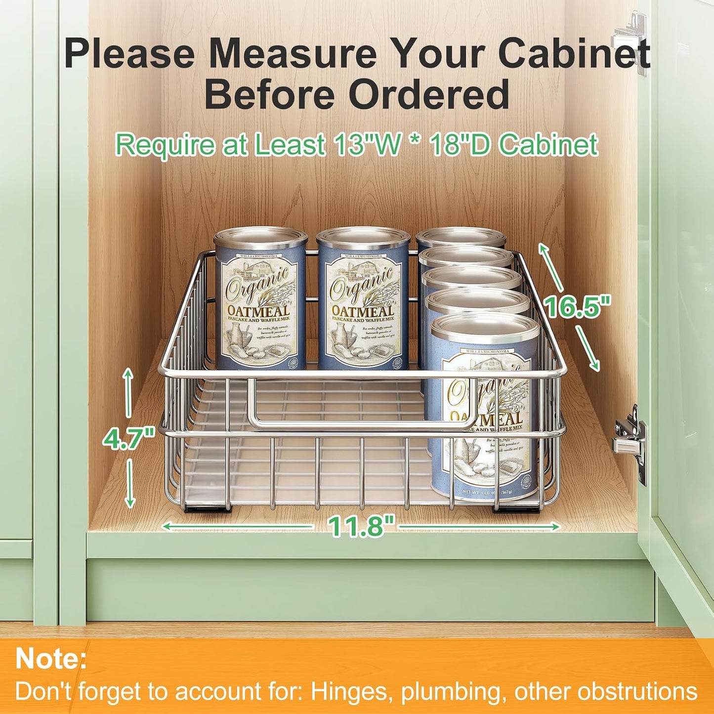 Pull out Cabinet Organizer, Stainless Steel 2-Pack Slide out Drawer with Silent Full-Extension Slides, Adhesive Roll out Can Spice Storage Basket Shelf Rack for Pantry, Kitchen, Bathroom, Home Closet