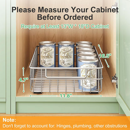Pull out Cabinet Organizer, Stainless Steel 2-Pack Slide out Drawer with Silent Full-Extension Slides, Adhesive Roll out Can Spice Storage Basket Shelf Rack for Pantry, Kitchen, Bathroom, Home Closet