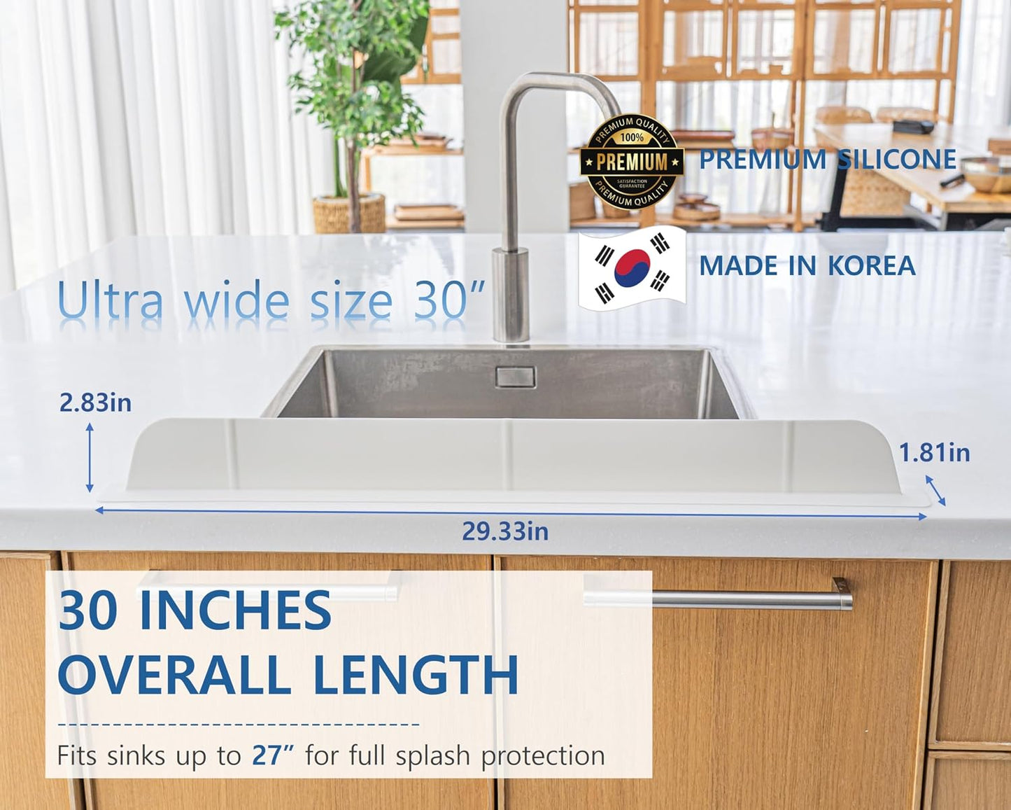 30 inch(75cm) Premium Kitchen Sink Silicone Water Splash Guard SIZE UPGRADE 30" and new package - NO Suction Cups, Ultra Wide 30" - Made in Korea (Ultra Wide Eco Gray)
