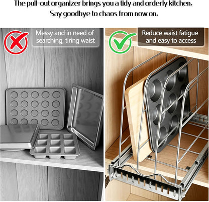 Pull Out Baking Pan Organizer for Cabinet, Cookie Sheet, Cutting Board, Tray Organizer for Cabinet, Adjustable, 22.5"D x11"H x 9"W, Pull/Slide Out Organizer-Heavy Duty, Chrome steel, 50-Year Warranty