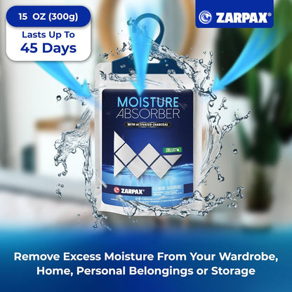 Zarpax Moisture Absorber Sachets Activated Charcoal 7.5 oz/212g - Remove Excess Moisture In Air & Odor - Desiccant Dehumidifier for Closet, Drawer, Storage - Dampness & Humidity Control - Set of 5