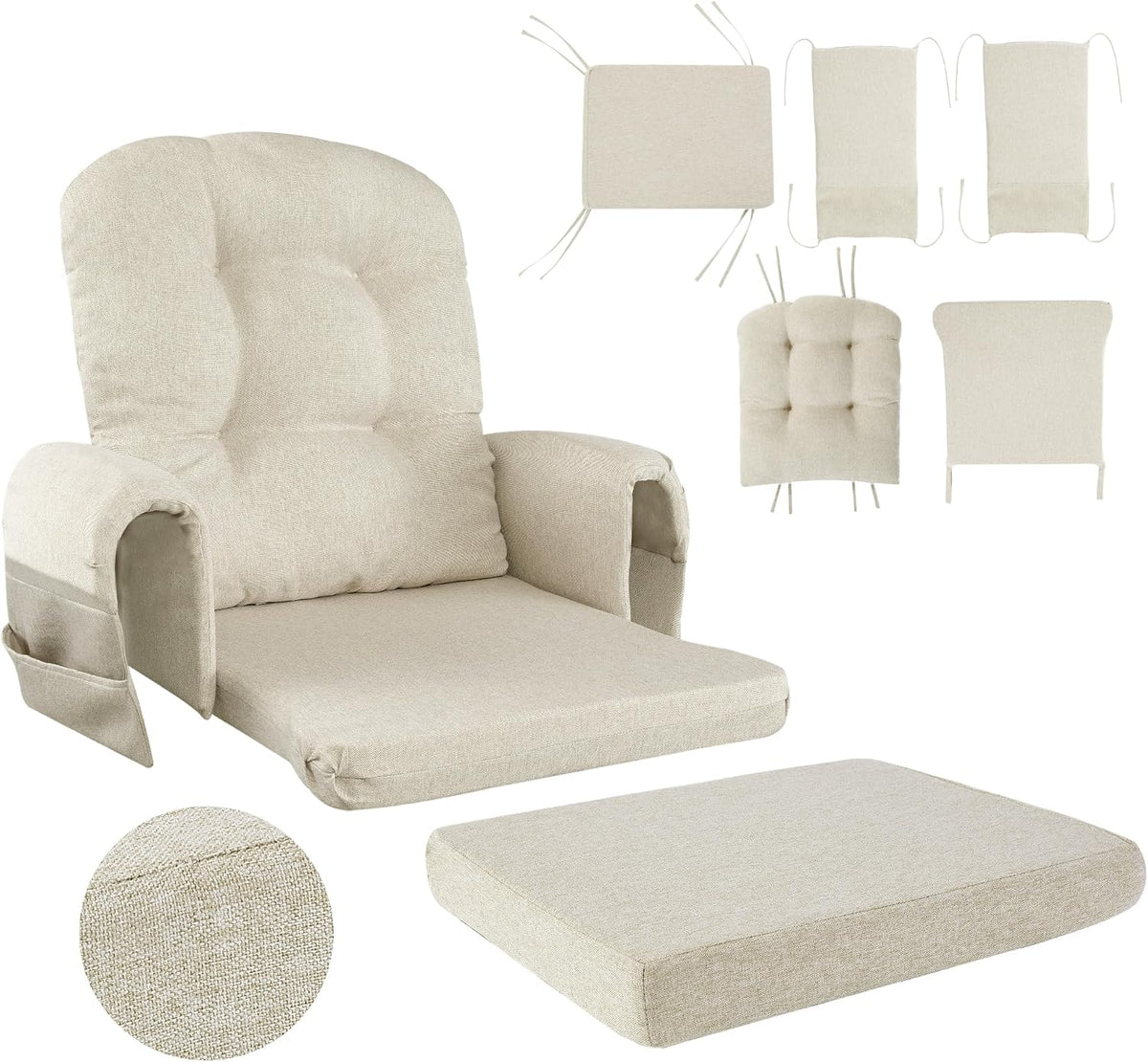 HOMBYS Glider Rocker Replacement Cushions with Storage Side Pocket,Linen-Like Fabric, Foam & Microfiber Filling, Non-Slip & Washable,Thickened & Supportive for Glider Rocking Chair (Khaki)