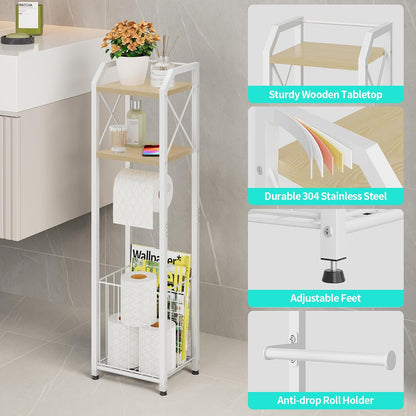 HapiRm Freestanding Toilet Paper Holder - 4-Tier Bathroom Tissue Organizer with Wood Shelves and Large Basket, Toilet Paper Holder Stand for Bathroom, Laundry Room, Apartment - Black（Large）