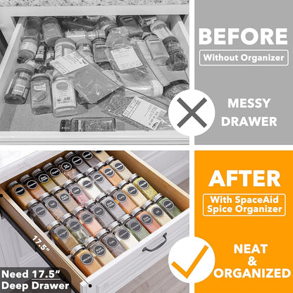 SpaceAid Spice Drawer Organizer with 28 Spice Jars, 386 Spice Labels, 4 Tier Seasoning Rack Tray Insert for Kitchen Drawers, 13" Wide x 17.5" Deep
