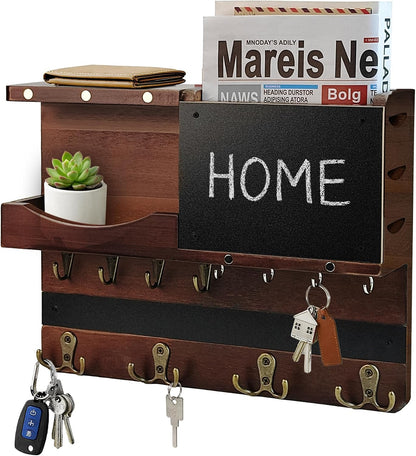 Key Holder for Wall Mount with Shelf and Mail Organizer, Key and Mail Holder with 16 Hooks, Farmhouse Entryway Organizer, Home Decor Rack (Pine Wood, White Washed)