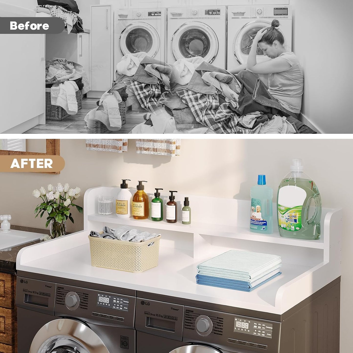 2-Tier Washer Dryer Countertop with 2.75" H Edge Rails, 54" W x 27.55" D Laundry Countertop for Folding Clothes, Washer and Dryer Topper with Non-Slip Pad (Dark Walnut)