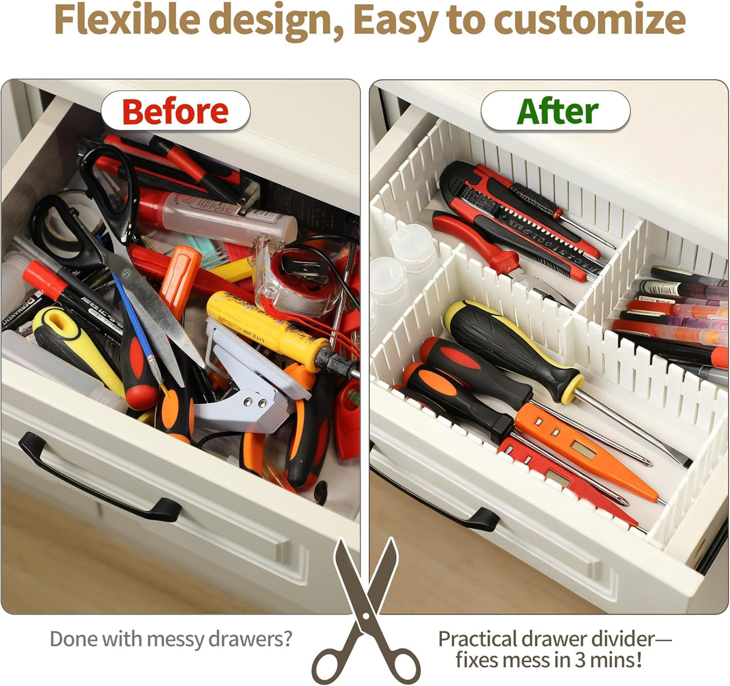 Adjustable Drawer Dividers, Cut-to-Fit DIY Organizers, White,16 Pack | For Tidying Cutlery, Makeup, Clothes and Dresses in Drawers, Desks and Storage Boxes for Kitchen, Bathroom, Bedroom & Office