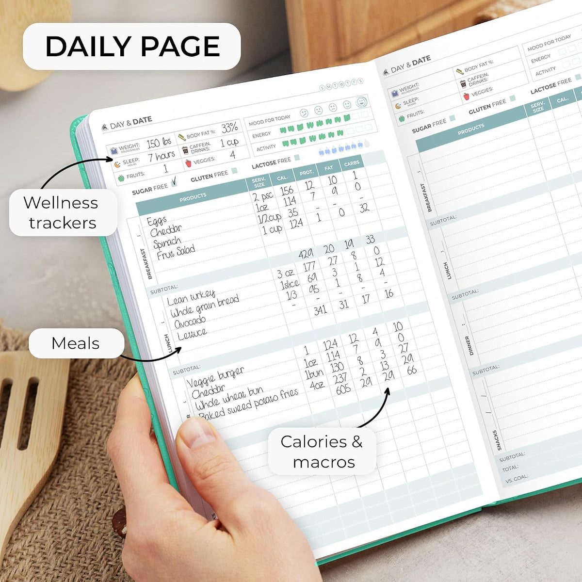 Clever Fox Food Journal for Women & Men, Weight Loss Tracker, Aquamarine