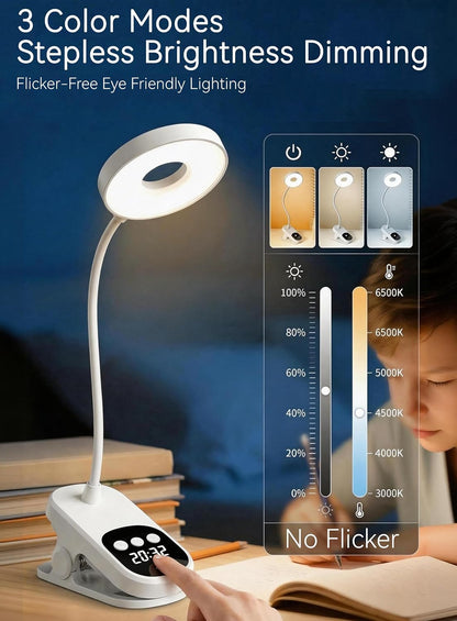 Clip On Desk Lamp Wireless 6000mAh Rechargeable LED Reading Light 3 Colors | Clip-On Light Works As Desk Lamp, Bed Headboard Light, Dorm Study Lamp And Book Light; Fits Home, Office,Camping & More