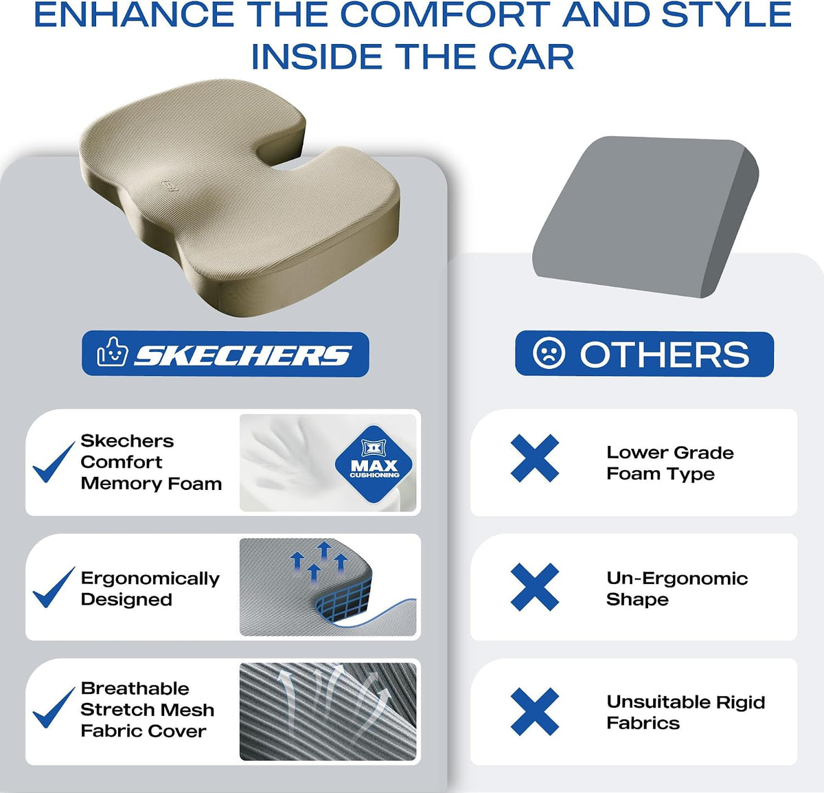 Skechers Memory Foam Seat Cushion,Office Chair Cushion for Tailbone Pain Relief,Butt Pillow for Office Chair,Car seat Cushion,Computer Desk,Long Sitting Office Workers,and Car Drivers,Black
