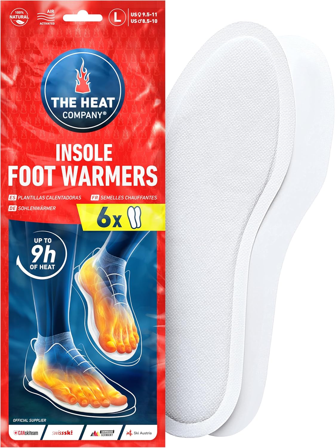 THE HEAT COMPANY Insole Foot Warmers - 6, 12 or 32 Pairs – S, M, L, XL – 9h of Warmth - Air Activated Feet Warmers - Purely Natural - Toe Warmers for Feet - Insole Foot Warmers for Women & Men