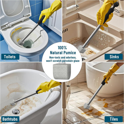 Pumice Toilet Cleaner 17in, Hard Water Stain Remover for Pool & Tub, (1+8) | Natural pumice set. Removes rust, lime & hard water rings from tubs, pools & tiles. Long handle. Easy refill.