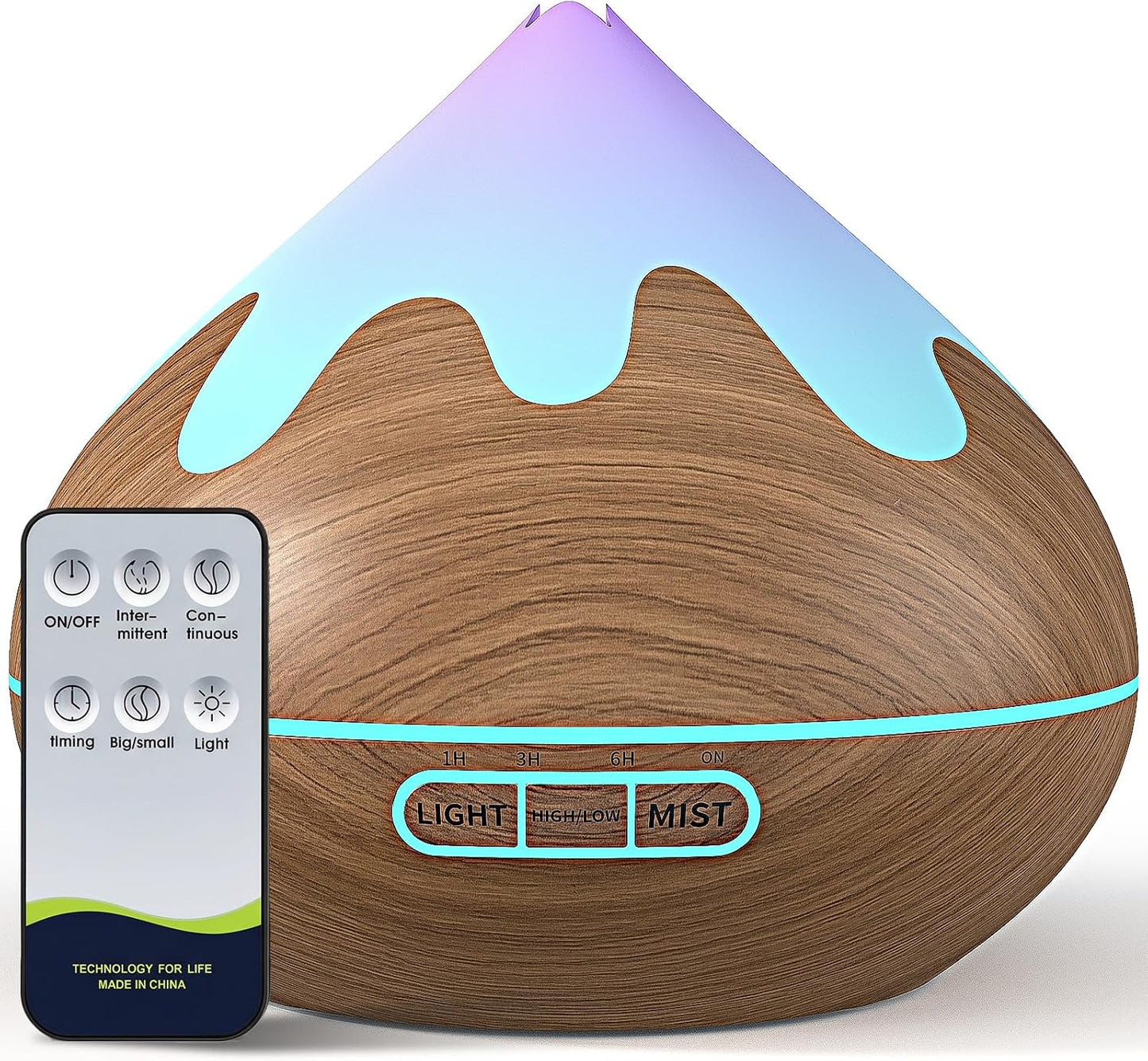 500ML Essential Oil Diffuser, Aromatherapy Diffuser with Remote Control, Multifunctional Air Diffusers for Home Office Room, Fragrance Aroma Diffuser with 7 Color LED & 2 Mist Mode, Brown