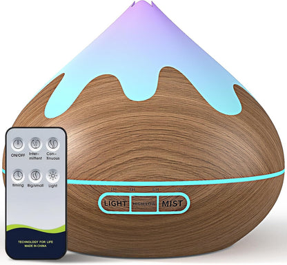 500ML Essential Oil Diffuser, Aromatherapy Diffuser with Remote Control, Multifunctional Air Diffusers for Home Office Room, Fragrance Aroma Diffuser with 7 Color LED & 2 Mist Mode, Brown