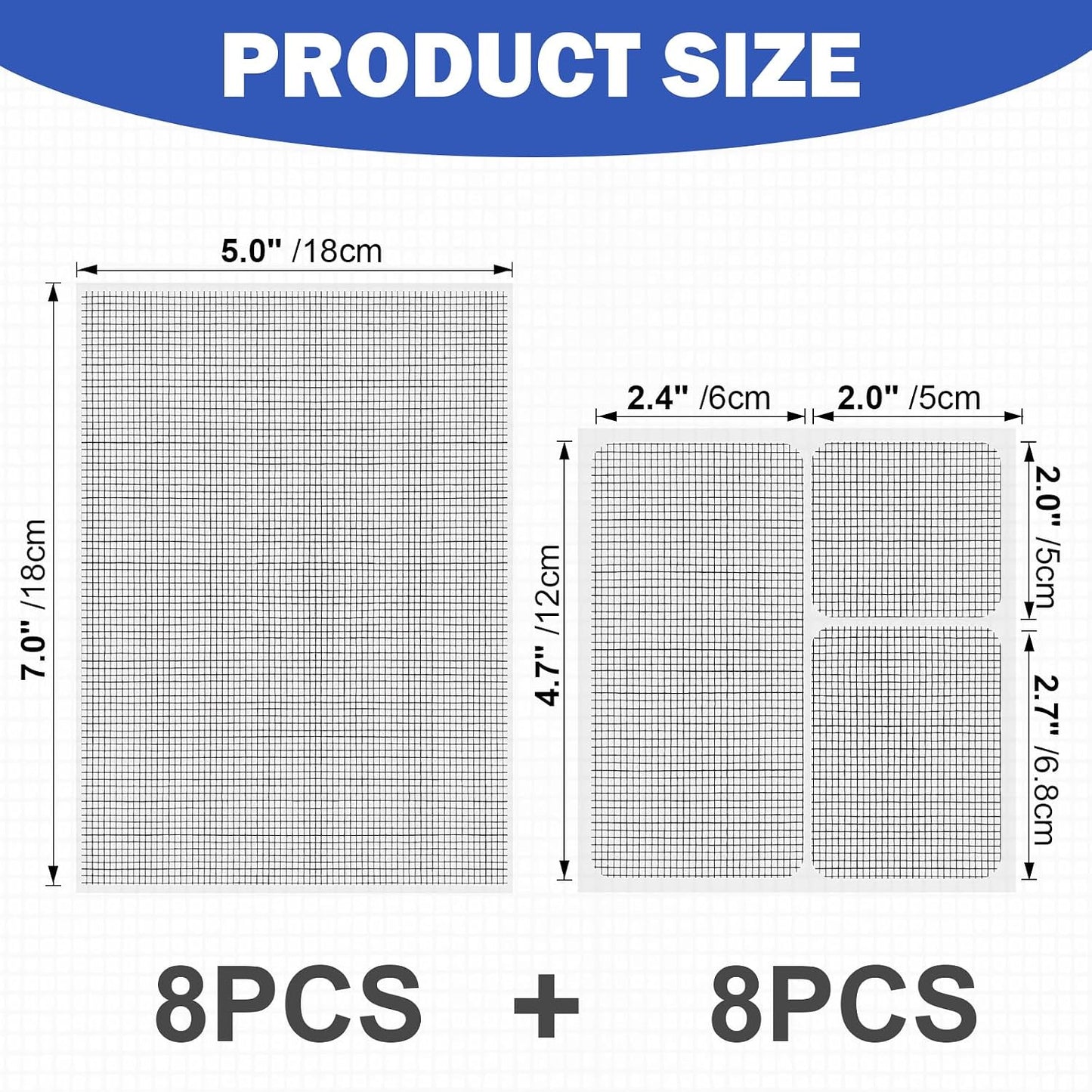 16PCS Window Screen Patch Kit 5"×7" & 4.5"×4.5" – Fiberglass Self-Adhesive Waterproof Mesh Tape for Tears & Holes, Strong Quick Fix for Door Mesh