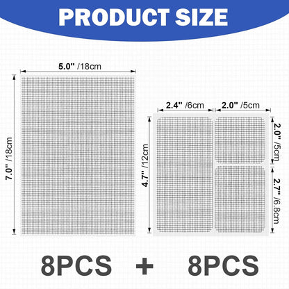 16PCS Window Screen Patch Kit 5"×7" & 4.5"×4.5" – Fiberglass Self-Adhesive Waterproof Mesh Tape for Tears & Holes, Strong Quick Fix for Door Mesh