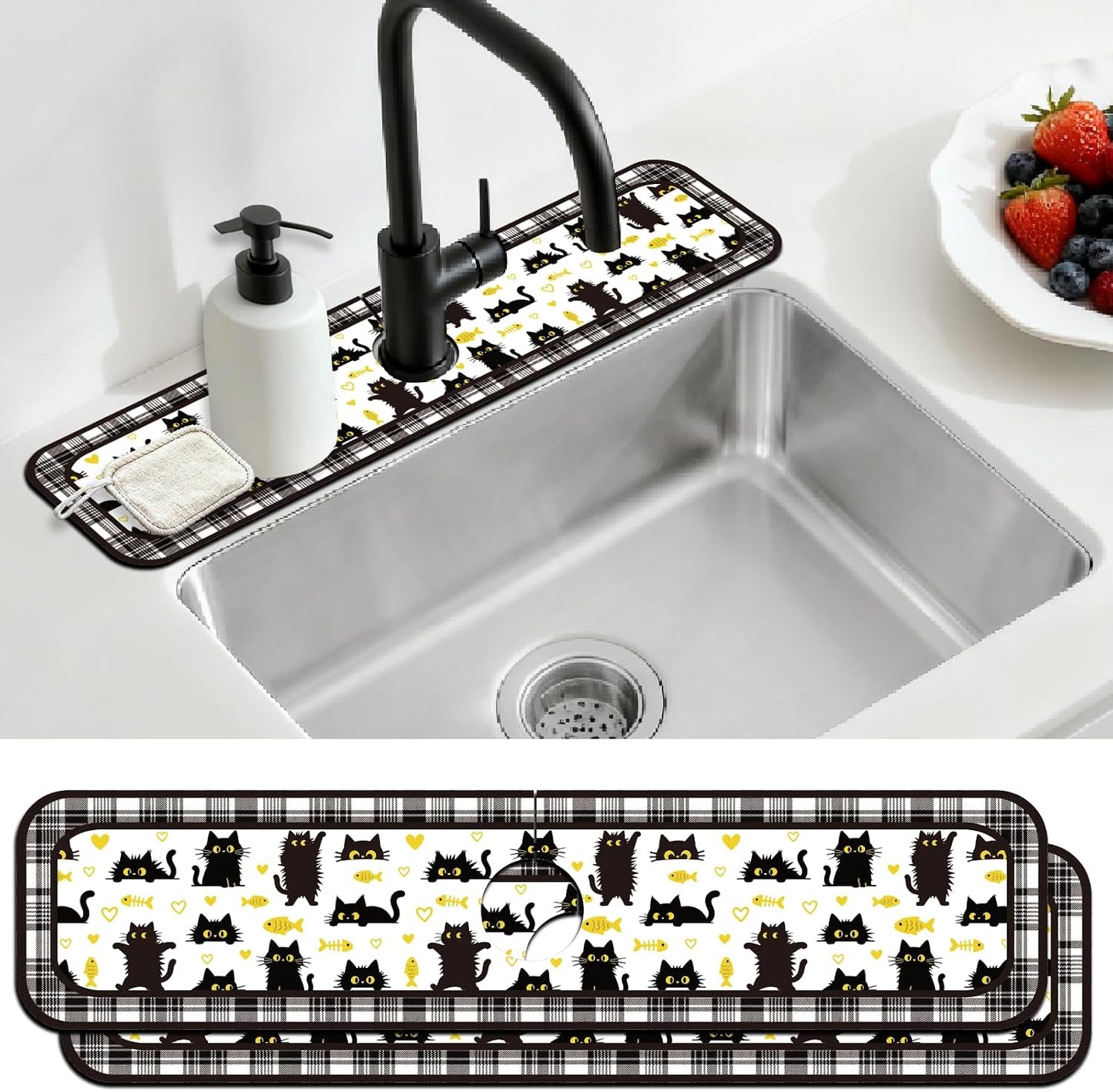 2Pcs Peonies Kitchen Sink Splash Guard Faucet Mat Vintage Florals Faucet Mat For Bathroom Kitchen 5.5x23.6In