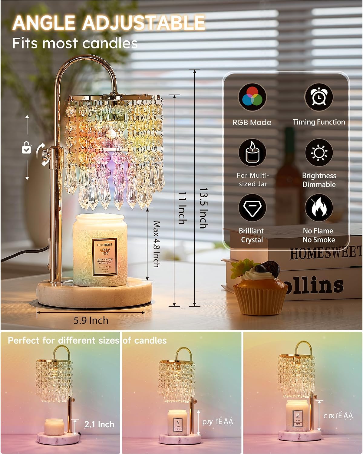 Candle Warmer Lamp with Timer Dimmer and 3 Bulbs, Candle Lamp Warmer with Marble Base for Adjustable Height, Crystal Candle Lamp for Jar Candles, House Warming Gifts Home Room Decor, Silver