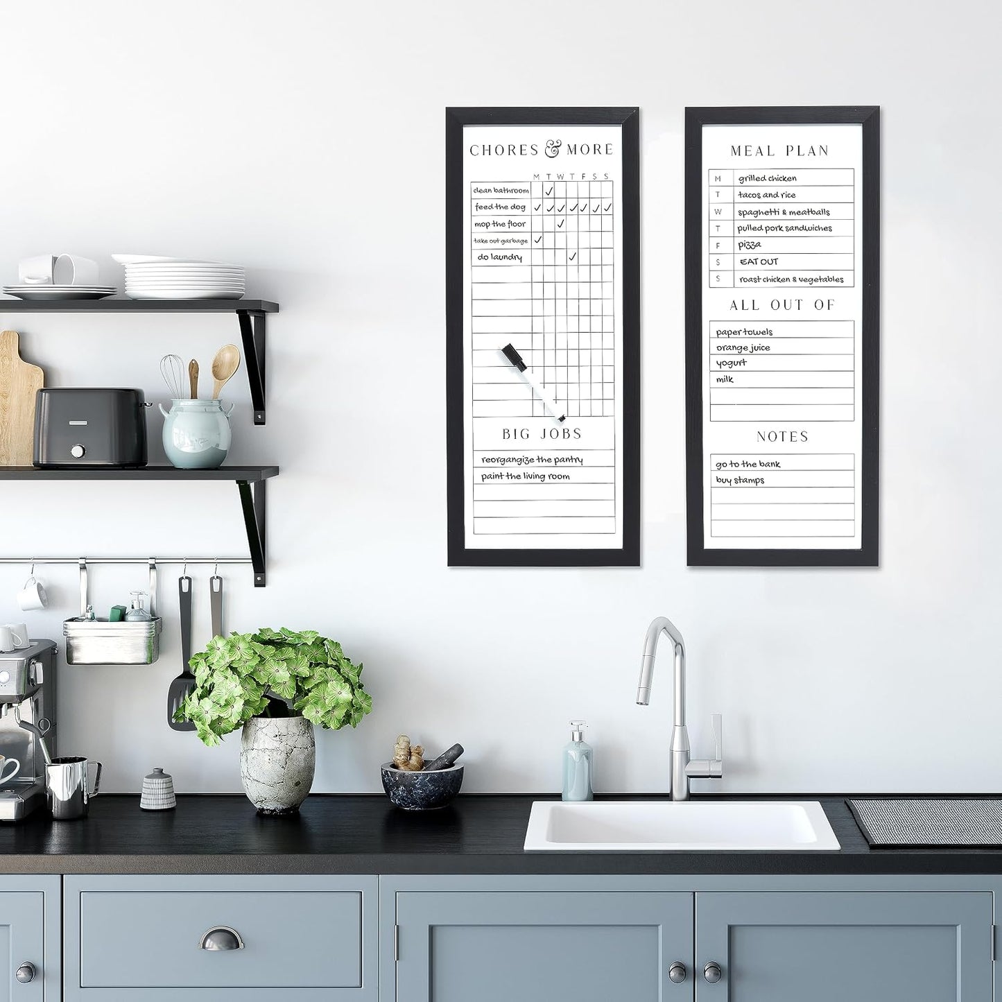 Sheffield Home Set of Two Family Planner Dry Erase Boards Featuring, Chore Chart, Shopping List, Weekly Meal Planner and Notes, 9x21 Inch, Natural