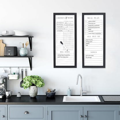 Sheffield Home Set of Two Family Planner Dry Erase Boards Featuring, Chore Chart, Shopping List, Weekly Meal Planner and Notes, 9x21 Inch, Natural