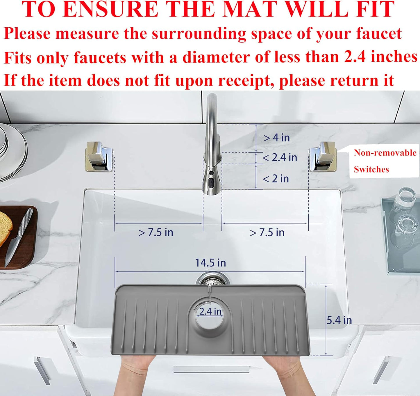YATOISUR Sink Splash Guard 14.4” x 5.4” - Sink Faucet Mat with Faucet Water Catcher Mat & Soap Dish & Sponge Holder 3 in 1 - Silicone Faucet Handle Drip Catcher Tray for Kitchen RV & Bar Faucet, White