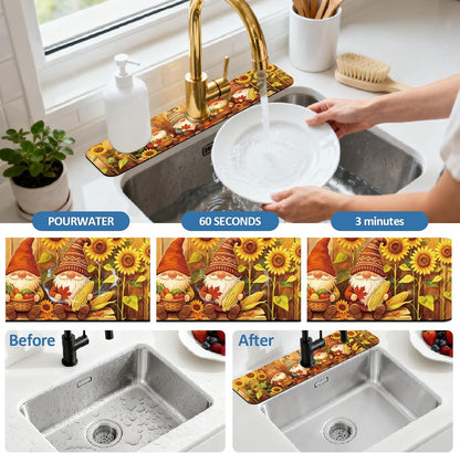 2Pcs Peonies Kitchen Sink Splash Guard Faucet Mat Vintage Florals Faucet Mat For Bathroom Kitchen 5.5x23.6In