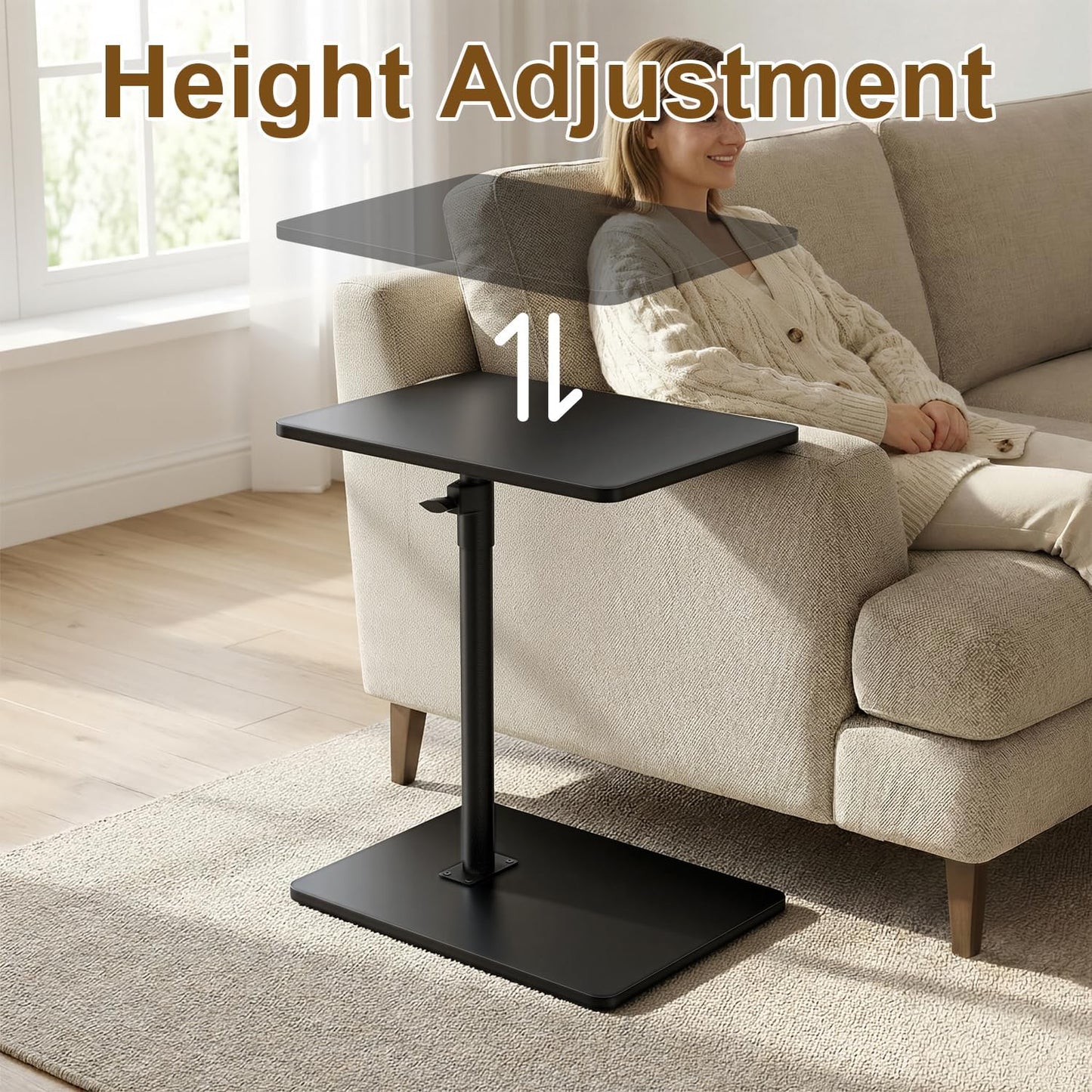 YUHFERA Sofa Armrest Tray Table for Couch - 360° Swivel Height Adjustable End for Small Spaces, Snack Side Table for Bed or Chair with Phone & Tablet Slot (Rustic,Standard)