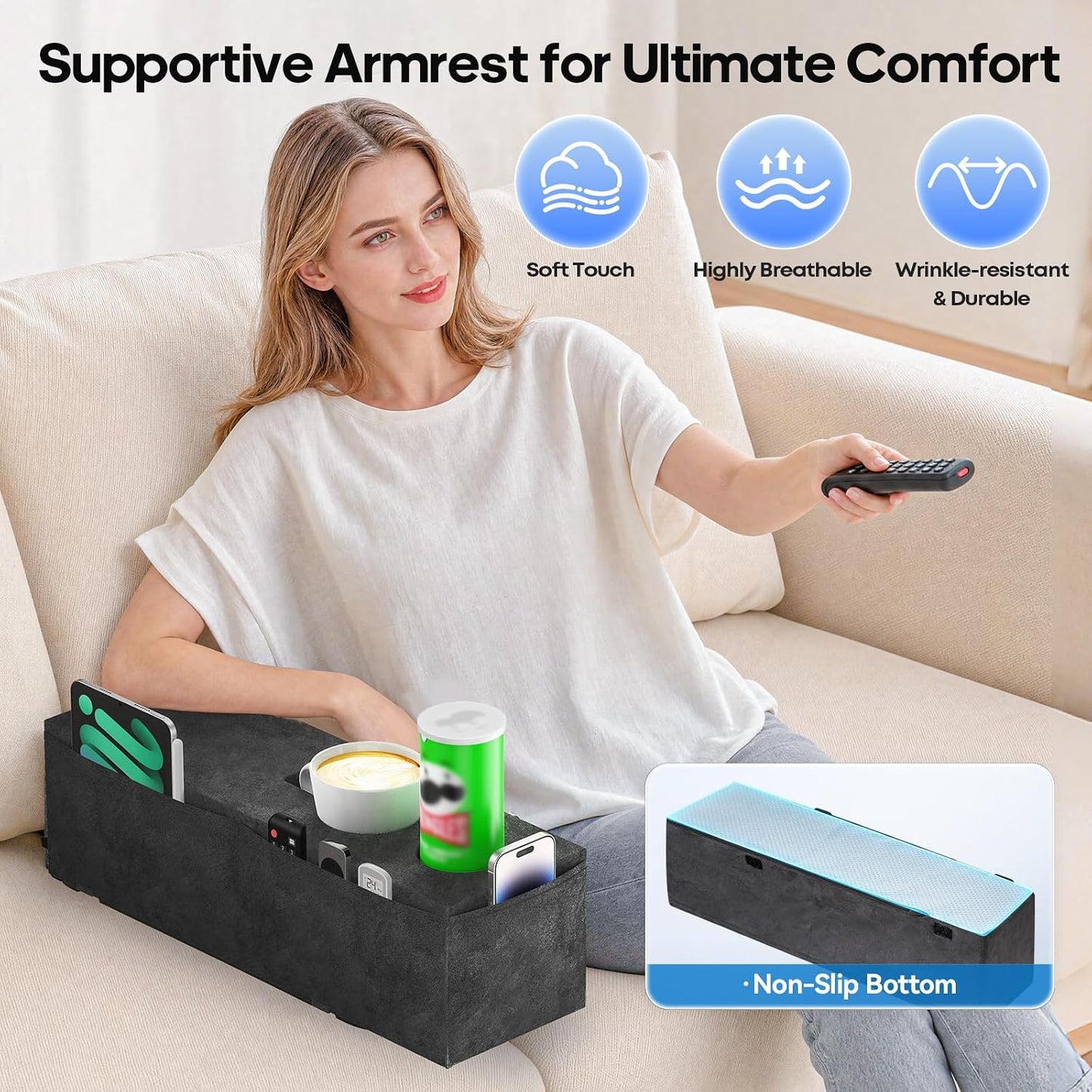 Removable Sofa Armrest Couch Caddy with Cup Holder Insert Between Cushions | Sofa Accessories Storage, Couch Armrest Pillow Table with Drink Holder