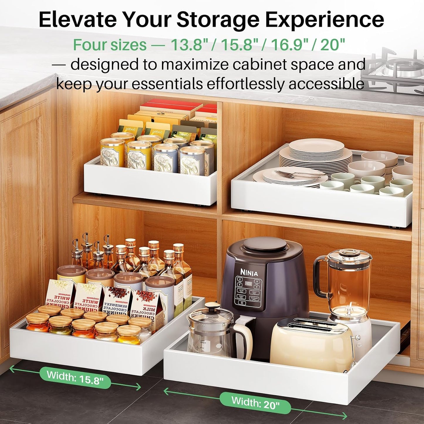 Pull out Cabinet Organizer, 21"Deep, Heavy Duty Full-Extension Slide out Drawers for Kitchen Cabinets with Nano Adhesive, Roll Out Shelf Sliding Cabinet for Pots, Bathroom, Pantry, Under Sink, White