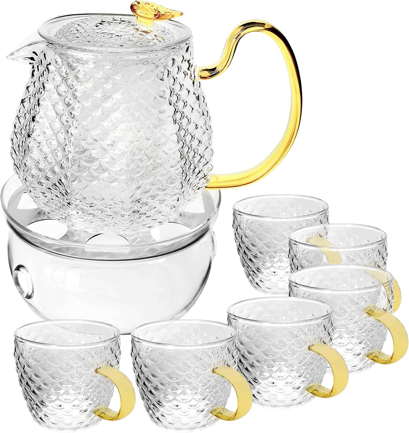 Glass Filtering Tea Maker Teapot with a Warmer and 6 Double-walled Tea Cups Set (Heating base, Standard)