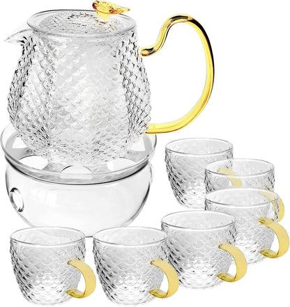 Glass Filtering Tea Maker Teapot with a Warmer and 6 Double-walled Tea Cups Set (Heating base, Standard)