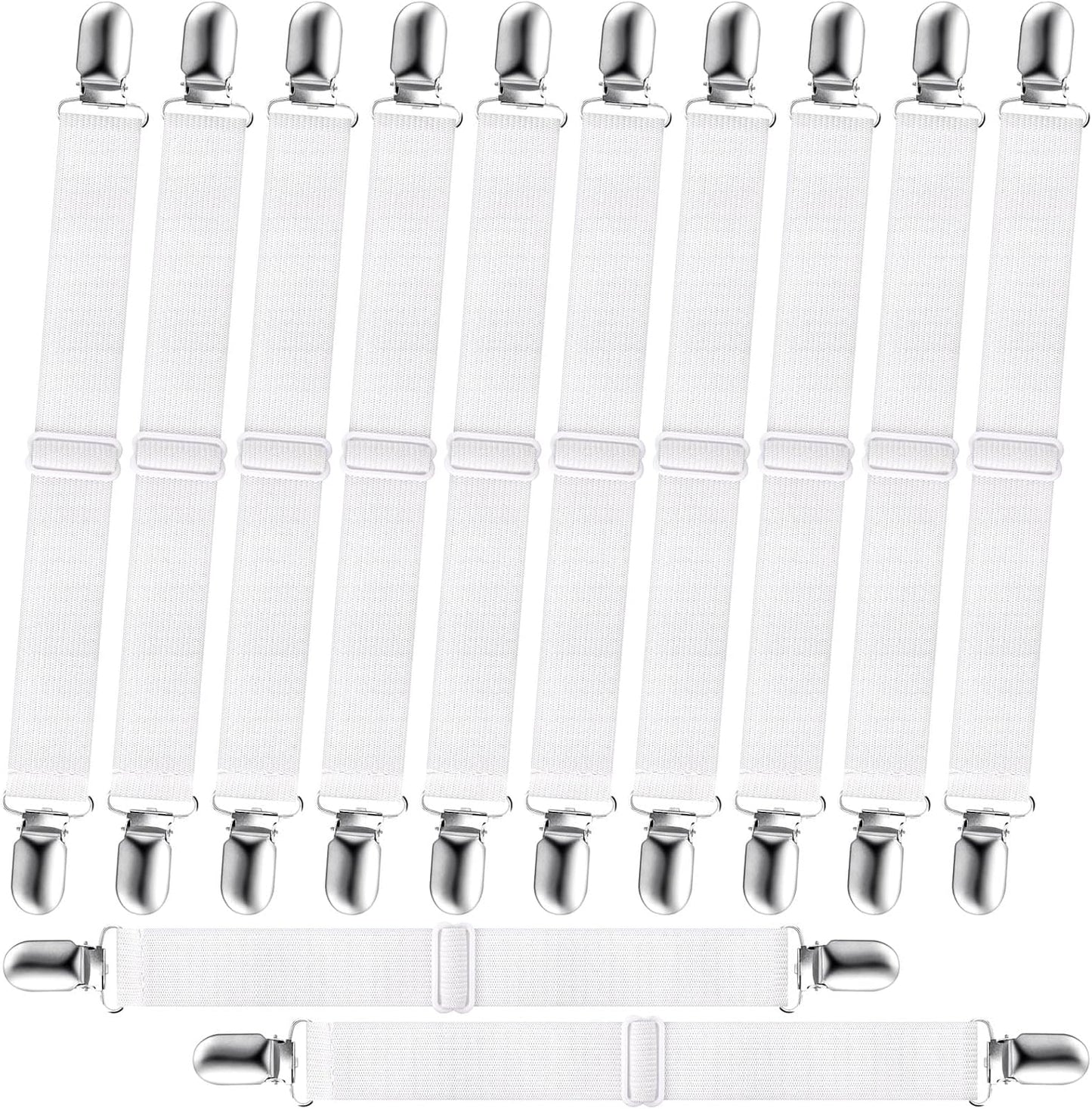 12Pcs Bed Sheet Straps, Adjustable Elastic Mattress Sheet Fasteners Suspenders Holder, Fitted Sheet Straps Clips, Grippers to Hold Sheet, Mattress, Sofa, Table Cloth