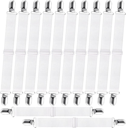 12Pcs Bed Sheet Straps, Adjustable Elastic Mattress Sheet Fasteners Suspenders Holder, Fitted Sheet Straps Clips, Grippers to Hold Sheet, Mattress, Sofa, Table Cloth