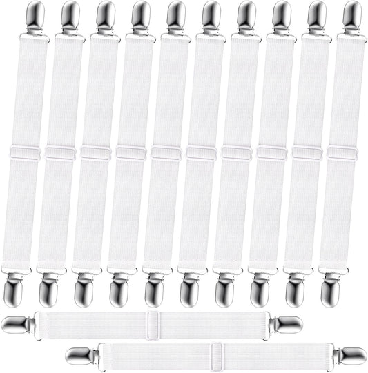 12Pcs Bed Sheet Straps, Adjustable Elastic Mattress Sheet Fasteners Suspenders Holder, Fitted Sheet Straps Clips, Grippers to Hold Sheet, Mattress, Sofa, Table Cloth