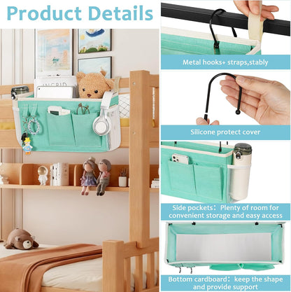 Bedside Caddy, Bedside Storage Bag Hanging Organizer for Bunk Dorm Bed Rail | Bed Caddy with Hooks, Top Bunks and Dorm Essentials for Water, Tissues, Tablets, Books, Phones, Remotes and Other Necessories