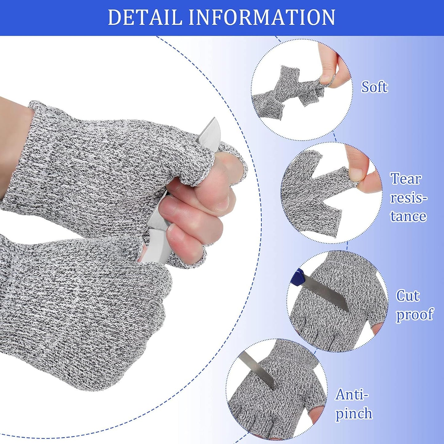 Geyoga 2 Pair Fingerless Cut Resistant Gloves Kitchen Cutting Glove Food Grade Gloves for Chef Mandolin Slicing(Grey and Black)