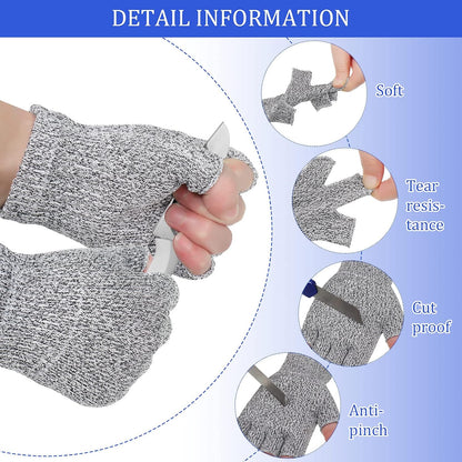 Geyoga 2 Pair Fingerless Cut Resistant Gloves Kitchen Cutting Glove Food Grade Gloves for Chef Mandolin Slicing(Grey and Black)