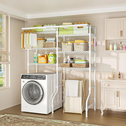 U13 Medium Over Washer and Dryer Storage Shelves, 6 Tiers Laundry Rack | Metal Clothes Drying Rack Space Saver with 2 Hanger Rods and Hooks, Laundry Room Standing Shelf Above Washer Dryer, White