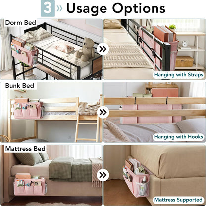 Bedside Caddy, Bedside Storage Bag Hanging Organizer for Bunk Dorm Bed Rail | Bed Caddy with Hooks, Top Bunks and Dorm Essentials for Water, Tissues, Tablets, Books, Phones, Remotes and Other Necessories