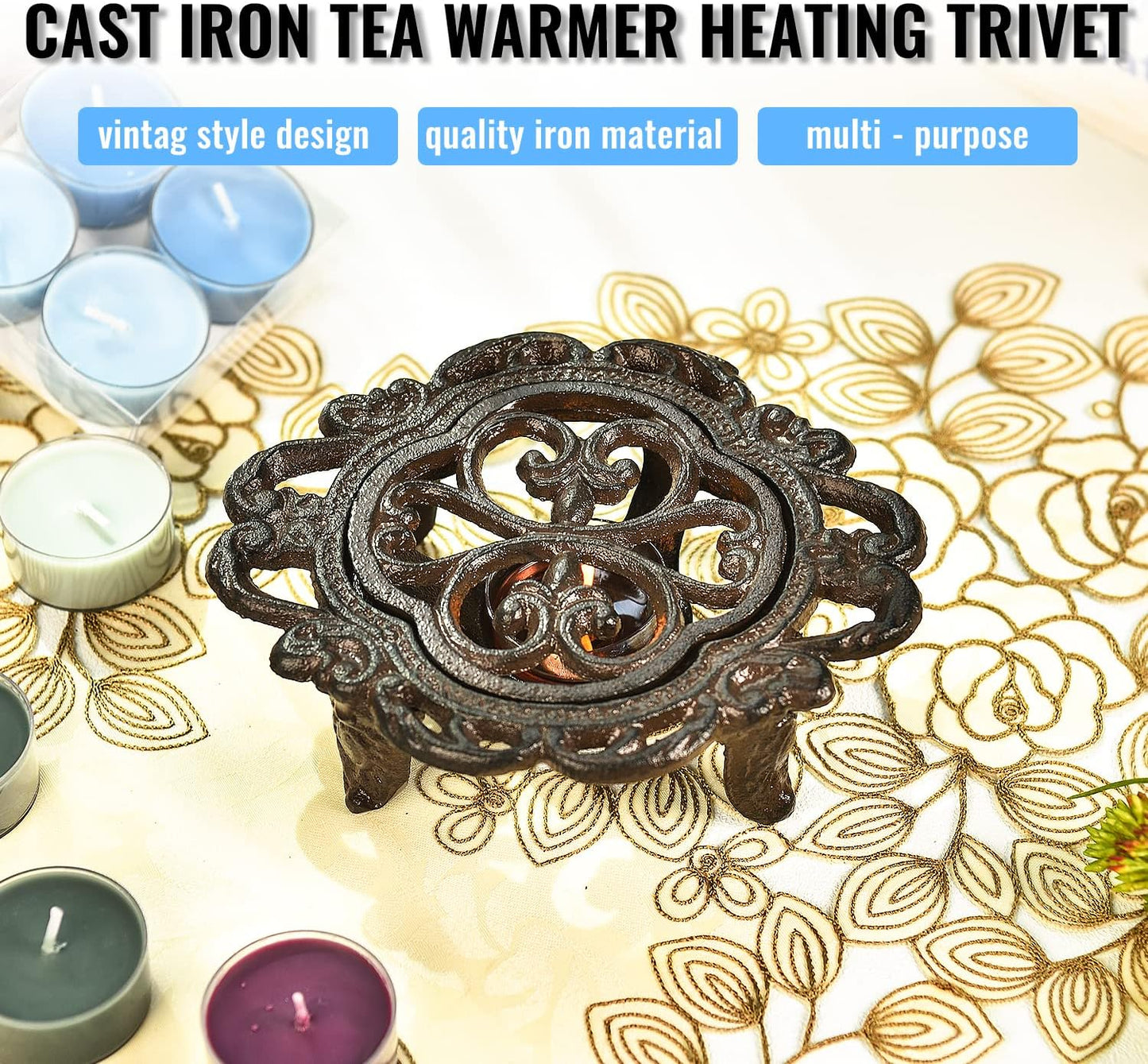 Sungmor Cast Iron Teapot Warmer - Rustic Design with Tealight Holder | Heavy Duty & Decorative Candle Holder Stands for Heat Food Coffee Milk or Tea