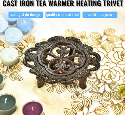 Sungmor Cast Iron Teapot Warmer - Rustic Design with Tealight Holder | Heavy Duty & Decorative Candle Holder Stands for Heat Food Coffee Milk or Tea