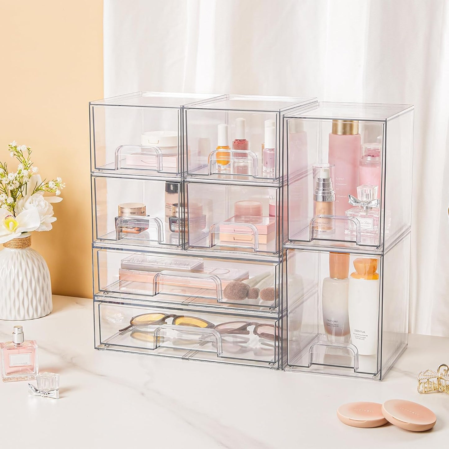 Vtopmart Clear Stackable Storage Drawers Set of 6, Plastic Organizer Bins | Multi-purpose Boxes for Bathroom Accessories Storage, Ideal for Cabinet, Shelf, Pantry, Laundry Room Organization