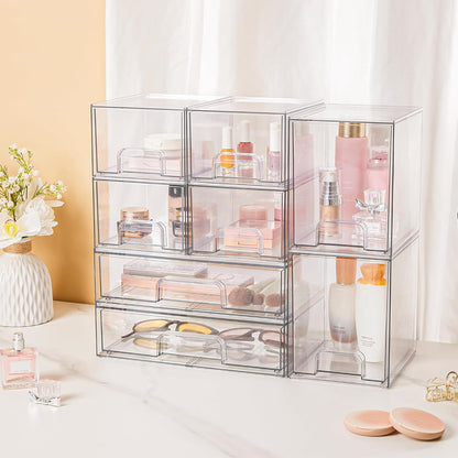 Vtopmart Clear Stackable Storage Drawers Set of 6, Plastic Organizer Bins | Multi-purpose Boxes for Bathroom Accessories Storage, Ideal for Cabinet, Shelf, Pantry, Laundry Room Organization