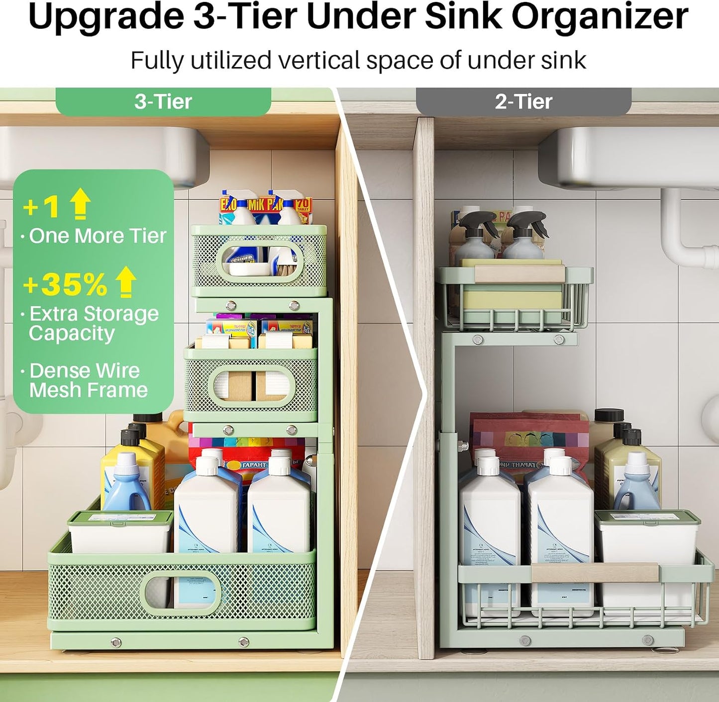 Kitstorack Under Sink Organizer, 2-Pack 3-Tier Height Adjustable Thickened Metal Pull out Cabinet Organizer Shelf, Slide out Storage Drawer Rack for Bathroom Kitchen Pantry Home Laundry Organization