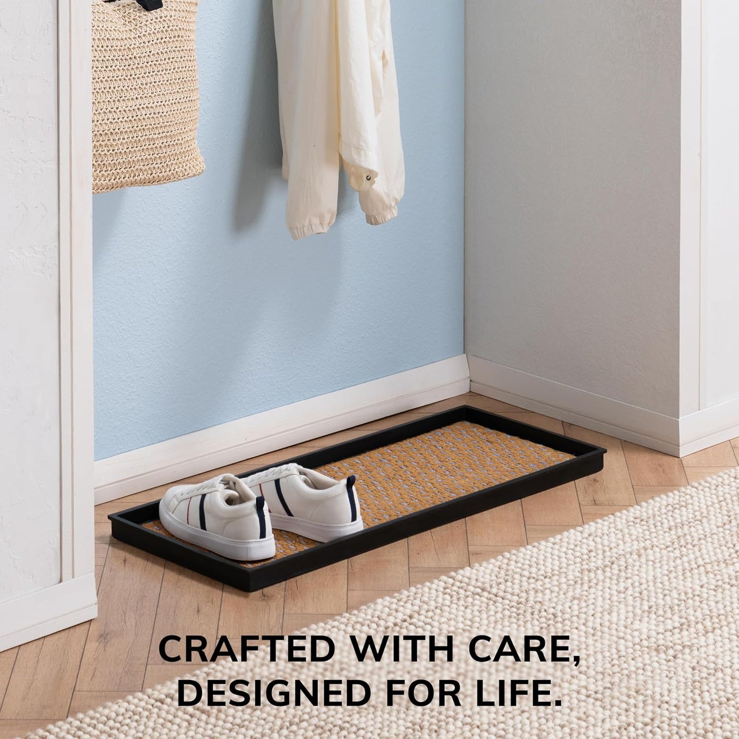Anji Mountain Heavy Duty Waterproof Rubber Shoe Storage Mat Organizer/Boot Storage Tray Multi Use For Entryway with Coir, Tan Insert, Fits 2 Pair (24.5" Wide)