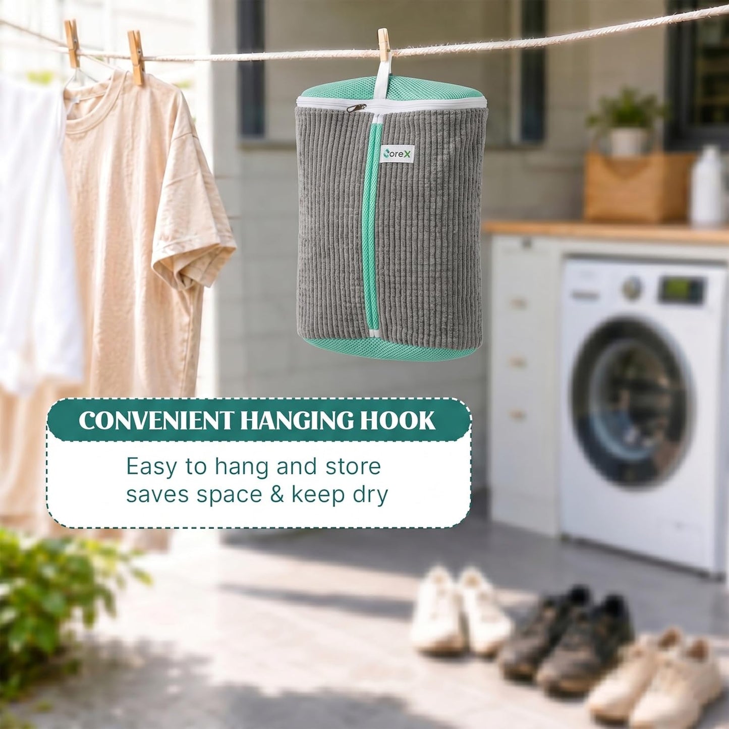 Shoe Washing Machine Bag with Zippered Pocket | Durable Mesh Sneaker Laundry Bag with 2 Laundry Balls & Shoe Washing Brush, Heavy Duty Zipper, No Color Transfer (White)