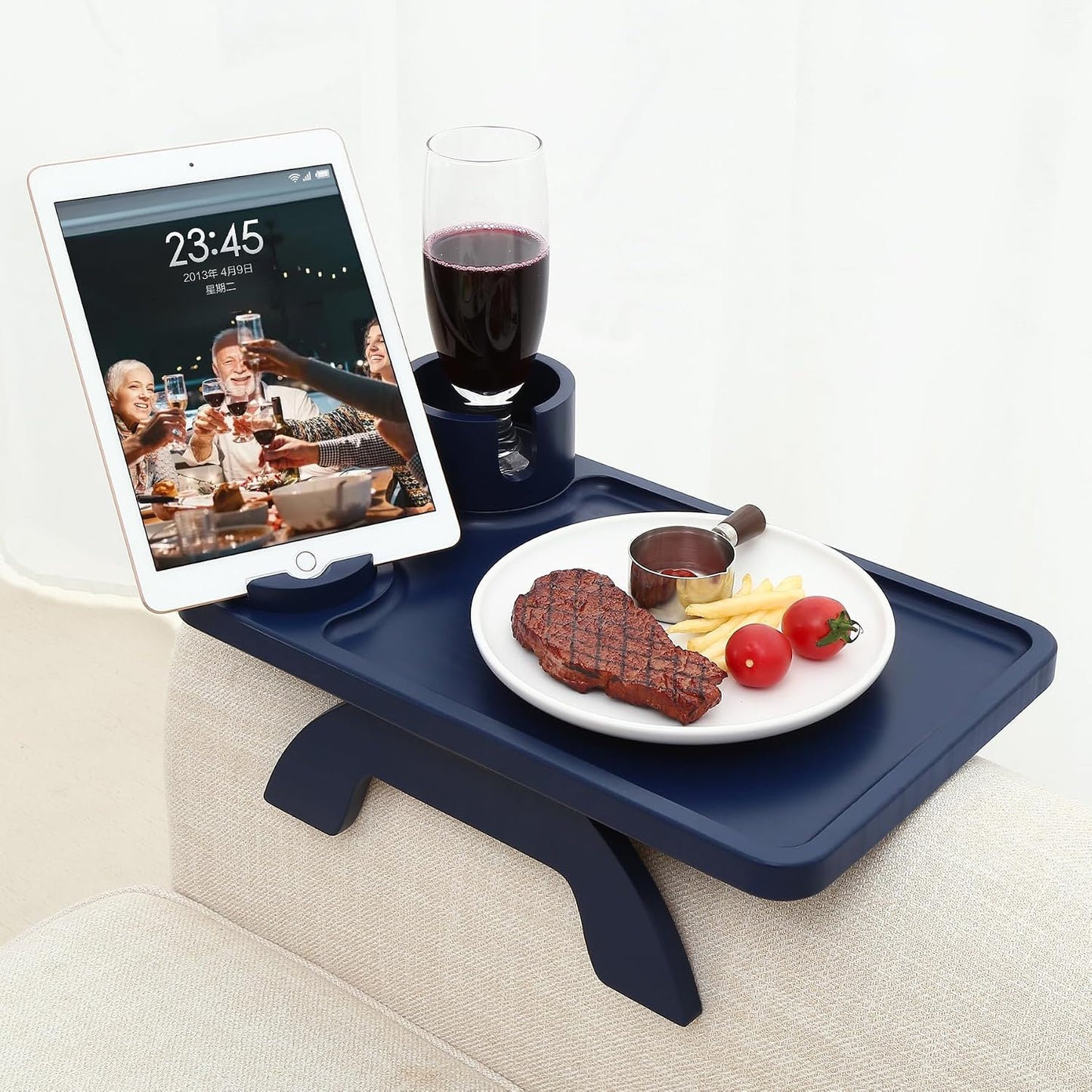 Nnewvante Couch Cup Holder Tray, 3 in 1 Large 15.36"x9.85" Acacia Wood Sofa Arm Clip on Tray Table with 360°Rotated Phone Holder on Armrest