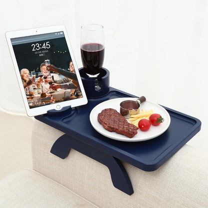 Nnewvante Couch Cup Holder Tray, 3 in 1 Large 15.36"x9.85" Acacia Wood Sofa Arm Clip on Tray Table with 360°Rotated Phone Holder on Armrest