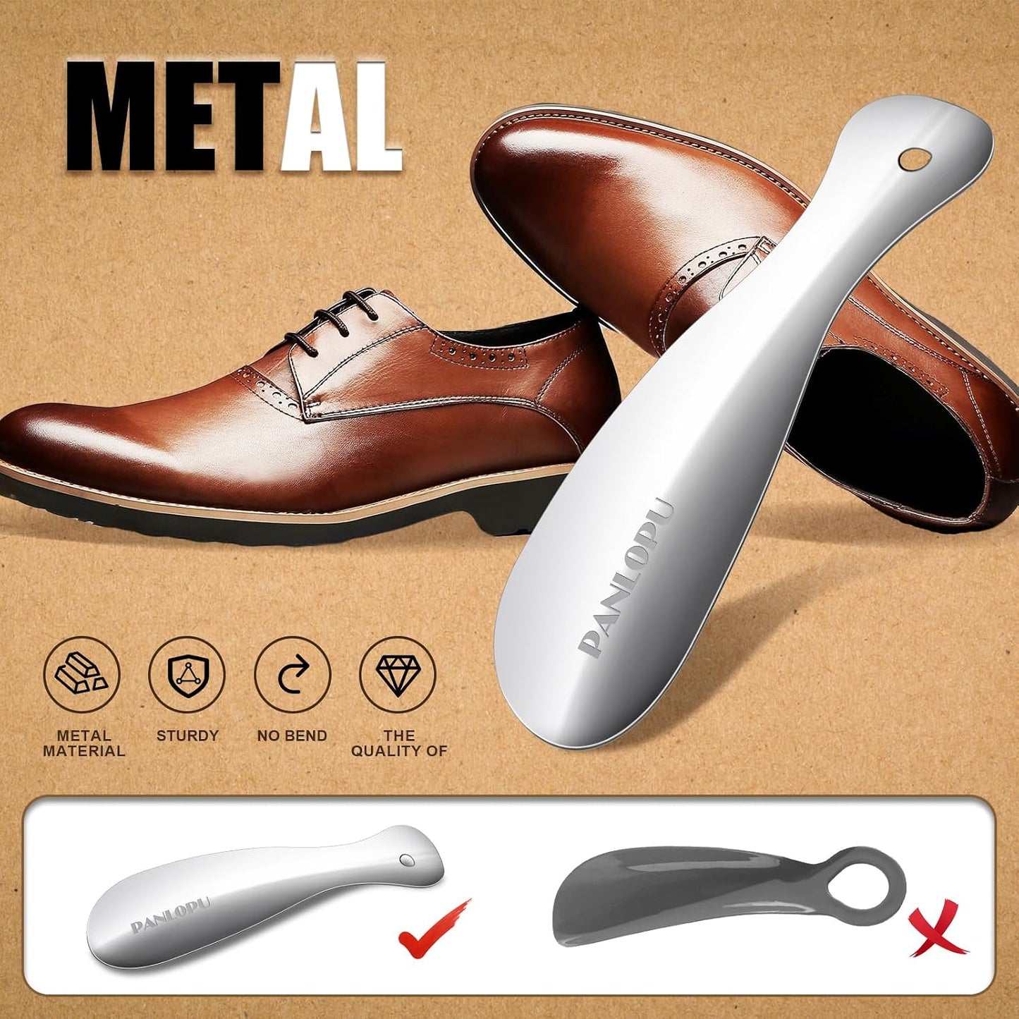 Metal Shoe Horn 7.5Inch Portable Stainless Steel Fashion Travel | Rust-resistant Ergonomic Curved Design Compact Size