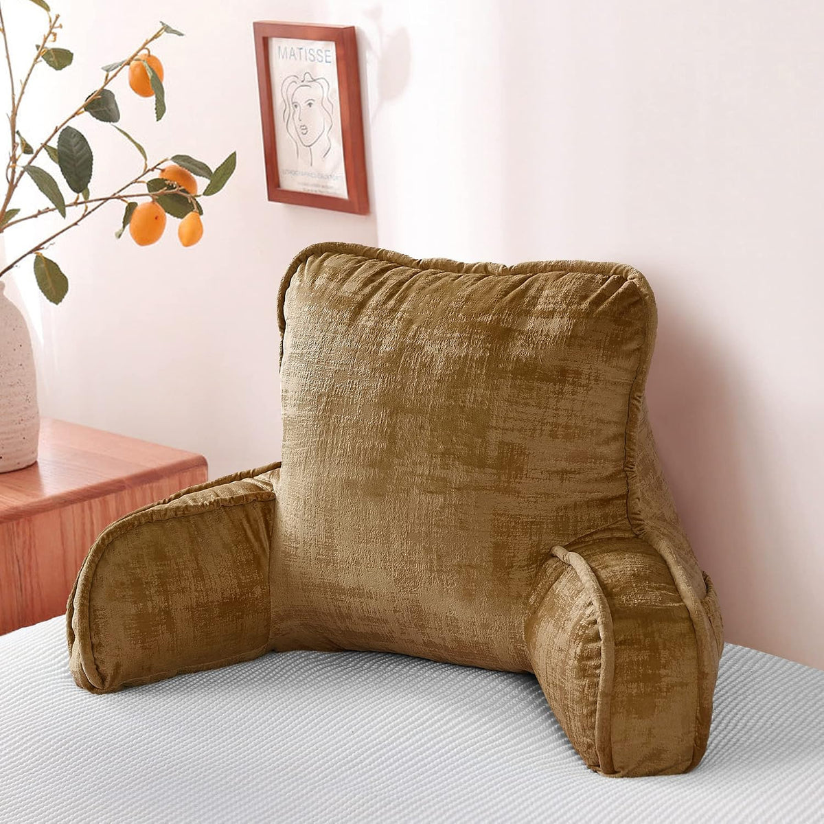 DIY Assembly Art Velvet Backrest Reading Bed Rest Pillow with Arms & Pockets, 18" H for Sitting in Bed Couch Sofa, Back Support Cushion with Removable Cover, 20"x18"x17", Aqua